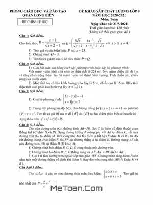 Đề khảo sát chất lượng Toán 9 năm 2020 - 2021 phòng GD&ĐT Long Biên - Hà Nội