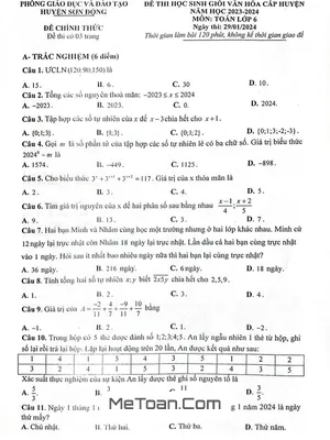 Đề thi học sinh giỏi Toán 6 năm 2023 - 2024 phòng GD&ĐT Sơn Động - Bắc Giang