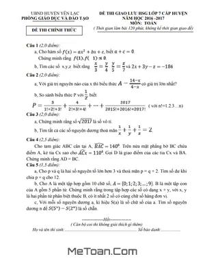 Đề Giao Lưu HSG Toán 7 Năm Học 2016 - 2017 Phòng GD&ĐT Yên Lạc - Vĩnh Phúc