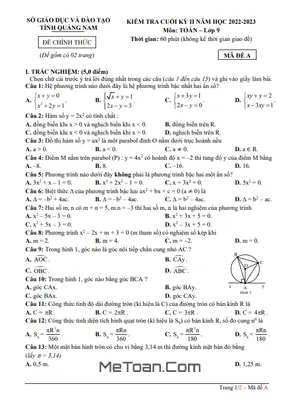 Đề kiểm tra cuối kỳ 2 Toán 9 năm 2022 - 2023 sở GD&ĐT Quảng Nam