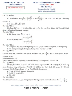 Đề thi tuyển sinh lớp 10 chuyên Toán Sở GD&ĐT Vĩnh Long năm 2021 - 2022