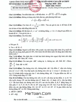 Đề minh họa thi vào 10 môn Toán năm 2020 – 2021 sở GD&ĐT Thái Nguyên
