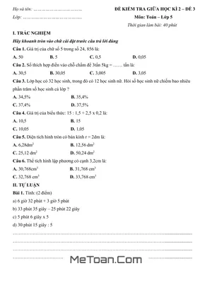 Đề Kiểm Tra Giữa Học Kì 2 Môn Toán Lớp 5 - Đề 3