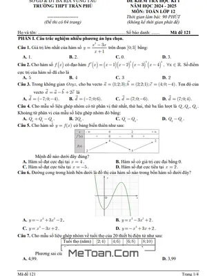 Đề học kì 1 Toán 12 năm 2024 - 2025 trường THPT Trần Phú - BR VT