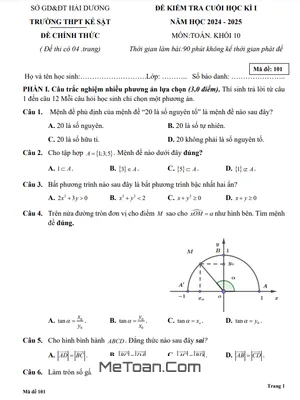 Đề Thi Học Kì 1 Toán 10 Năm 2024 - 2025 Trường THPT Kẻ Sặt - Hải Dương