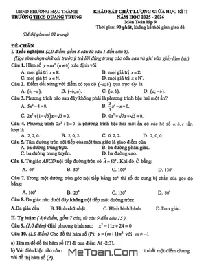 Đề Thi Giữa Học Kỳ 2 Toán 9 Năm 2025-2026 Trường THCS Quang Trung, Thanh Hóa
