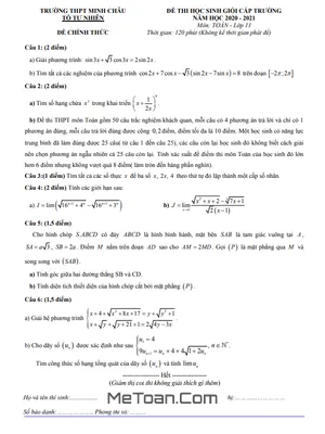 Đề Thi Học Sinh Giỏi Toán 11 Năm 2020 - 2021 Trường THPT Minh Châu - Hưng Yên