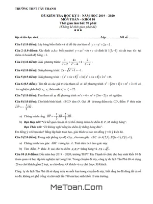 Đề thi học kì 1 Toán 10 năm 2019 - 2020 trường THPT Tây Thạnh - TP HCM