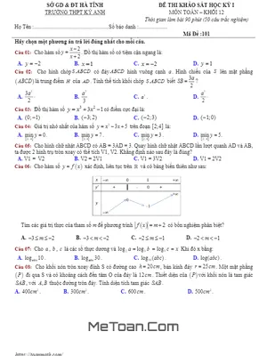 Đề thi học kỳ 1 Toán 12 năm 2018 - 2019 trường THPT Kỳ Anh - Hà Tĩnh