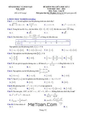 Đề thi giữa kì 2 Toán 10 năm 2021 - 2022 sở GD&ĐT Bắc Ninh - Có đáp án