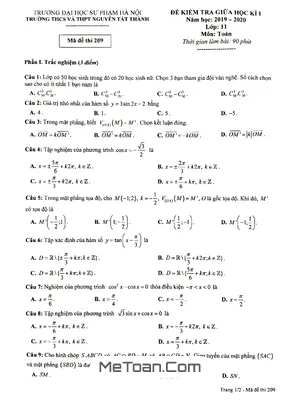 Đề thi giữa kì 1 Toán 11 năm 2019 - 2020 trường Nguyễn Tất Thành - Hà Nội