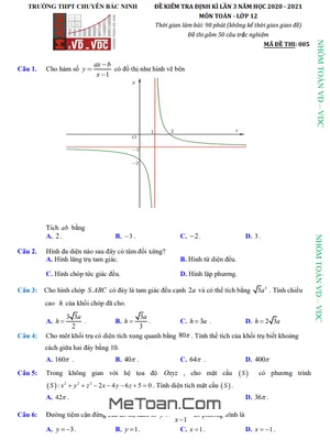 Đề Kiểm Tra Định Kỳ Toán 12 Lần 3 Năm 2020 - 2021 Trường Chuyên Bắc Ninh
