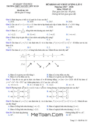 Đề KSCL Lần 1 Môn Toán 12 Năm Học 2017 - 2018 Trường THPT Nguyễn Viết Xuân - Vĩnh Phúc