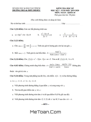 Đề thi học kì 2 Toán 10 năm 2019 - 2020 trường THCS&THPT Trí Đức - TP HCM [Có đáp án]