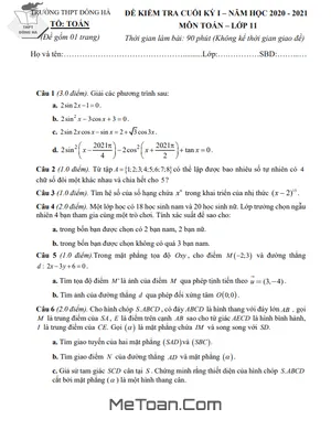 Đề thi học kỳ 1 Toán 11 năm 2020 - 2021 trường THPT Đông Hà - Quảng Trị