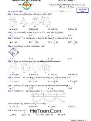 Đề Thi Giữa Kỳ 1 Toán 12 Năm 2023 - 2024 Trường THPT Thạch Thành 1 - Thanh Hóa (Có Đáp Án)