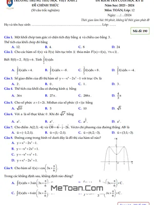 Đề thi cuối kỳ 2 Toán 12 năm 2023 - 2024 trường Việt Anh 2 - Bình Dương