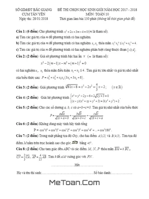 Đề thi chọn HSG Toán 10 năm học 2017 - 2018 cụm Tân Yên - Bắc Giang (có lời giải)