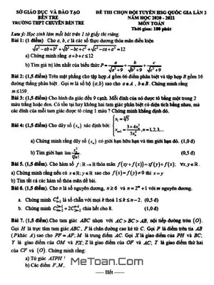 Đề Chọn Đội Tuyển Thi HSG Toán Quốc Gia 2020 - 2021 Trường Chuyên Bến Tre (Lần 2)