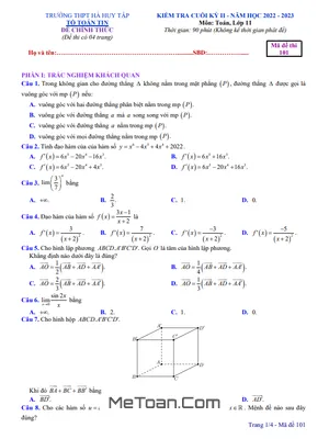 Đề Thi Cuối Kỳ 2 Toán 11 Năm 2022 - 2023 Trường THPT Hà Huy Tập - Nghệ An