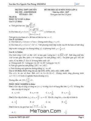 Đề thi HK2 Toán 11 năm 2016 - 2017 trường THPT chuyên Hà Nội - Amsterdam
