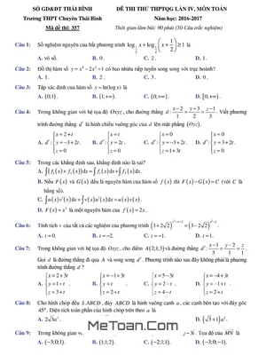 Đề thi thử THPT Quốc gia môn Toán trường THPT Chuyên Thái Bình lần 4 năm 2017