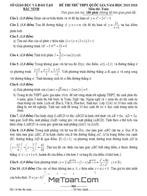 Đề thi thử Toán THPT Quốc gia 2016 - Sở GD&ĐT Bắc Ninh (có đáp án)