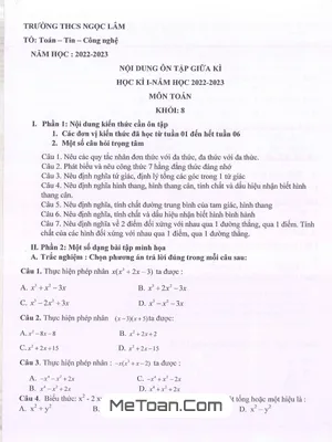 Đề Cương Ôn Tập Giữa Kì 1 Toán 8 Năm 2022 - 2023 Trường THCS Ngọc Lâm - Hà Nội