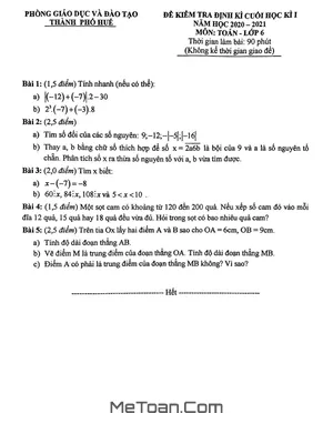 Đề kiểm tra cuối kì 1 Toán 6 năm 2020 - 2021 phòng GD&ĐT thành phố Huế
