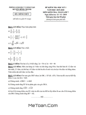 Đề thi học kỳ 1 Toán lớp 7 năm 2019 - 2020 phòng GD&ĐT Bình Chánh - TP HCM có lời giải