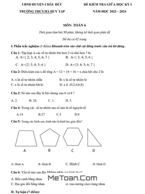 Đề thi giữa kì 1 Toán 6 năm 2023 - 2024 trường THCS Hà Huy Tập - BRVT (Có đáp án)