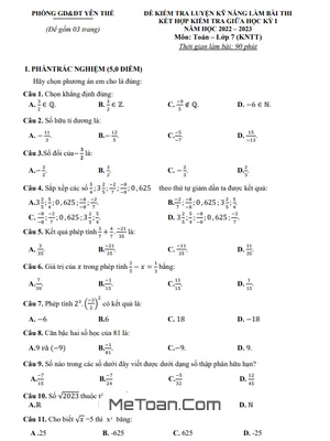 Đề Thi Giữa Kỳ 1 Toán 7 (Kết Nối Tri Thức) Năm 2022-2023 Phòng GD&ĐT Yên Thế - Bắc Giang