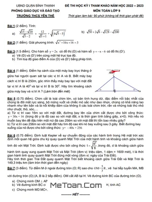 Đề tham khảo cuối kỳ 1 Toán 9 năm 2022 - 2023 trường THCS Yên Thế - TP HCM