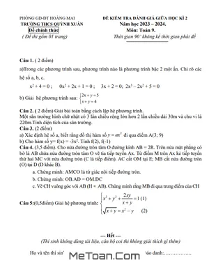Đề thi giữa kì 2 Toán 9 năm 2023 - 2024 trường THCS Quỳnh Xuân - Nghệ An