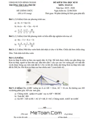 Đề thi học kì 2 Toán lớp 8 năm 2019 - 2020 trường THCS Đa Phước - TP.HCM (có lời giải)
