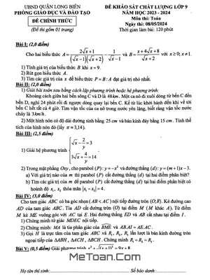 Đề khảo sát chất lượng Toán 9 năm 2023 - 2024 phòng GD&ĐT Long Biên - Hà Nội
