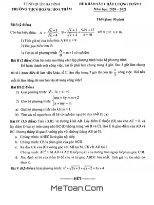 Đề khảo sát Toán 9 năm 2020 - 2021 trường THCS Hoàng Hoa Thám - Hà Nội