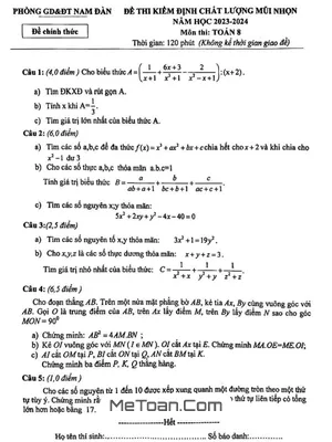 Đề KĐCL Mũi Nhọn Toán 8 Năm 2023 - 2024 Phòng GD&ĐT Nam Đàn - Nghệ An