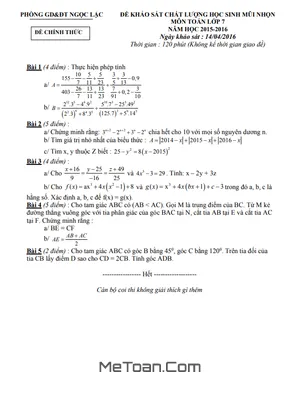 Đề KSCL Học Sinh Mũi Nhọn Toán 7 Năm 2015 - 2016 Phòng GD&ĐT Ngọc Lặc - Thanh Hóa