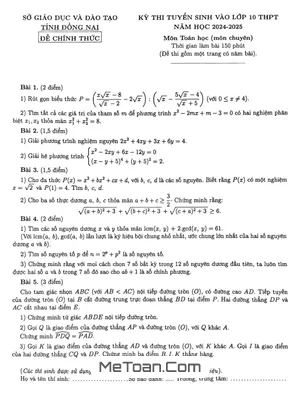 Đề thi tuyển sinh lớp 10 môn Toán (chuyên) năm 2024 - 2025 Sở GD&ĐT Đồng Nai