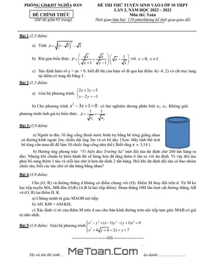 Đề thi thử Toán vào lớp 10 lần 2 năm 2023 phòng GD&ĐT Nghĩa Đàn - Nghệ An