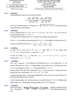 Đề thi vào 10 môn Toán (chuyên) năm 2021 - 2022 trường chuyên Lê Quý Đôn - Khánh Hòa