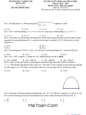 Đề thi tuyển sinh lớp 10 THPT môn Toán năm 2019-2020 - Sở GD&ĐT Hưng Yên