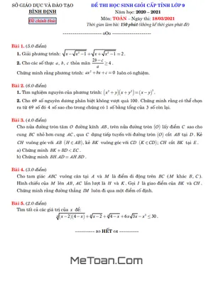 Đề thi học sinh giỏi cấp tỉnh Toán 9 năm 2020 - 2021 sở GD&ĐT Bình Định