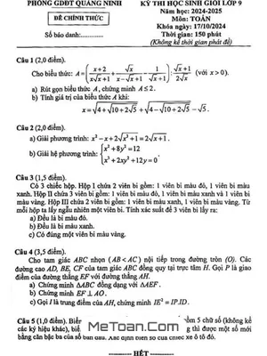 Đề thi HSG Toán 9 năm 2024 - 2025 Phòng GD&ĐT Quảng Ninh, Quảng Bình