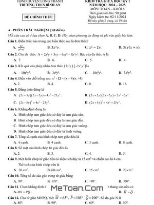 Đề thi giữa kỳ 1 Toán 8 năm 2024 - 2025 trường THCS Bình An - Đồng Nai