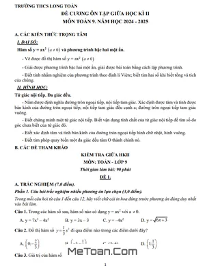 Đề Cương Ôn Tập Giữa Kì 2 Toán 9 Năm 2024 - 2025 Trường THCS Long Toàn - BR VT