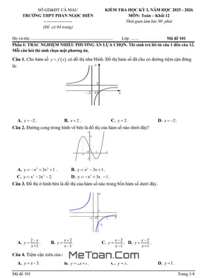 Đề Thi Giữa Kỳ 1 Toán 12 Năm Học 2025 – 2026 Trường THPT Phan Ngọc Hiển, Cà Mau (Có Đáp Án)