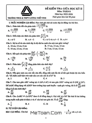 Đề Giữa Học Kỳ 2 Môn Toán 8 Năm Học 2025 – 2026 Trường Lương Thế Vinh – Hà Nội