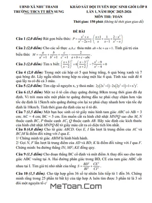 Đề Khảo Sát Học Sinh Giỏi Toán 8 Lần 1 Năm 2025-2026: THCS TT Bến Sung - Thanh Hóa